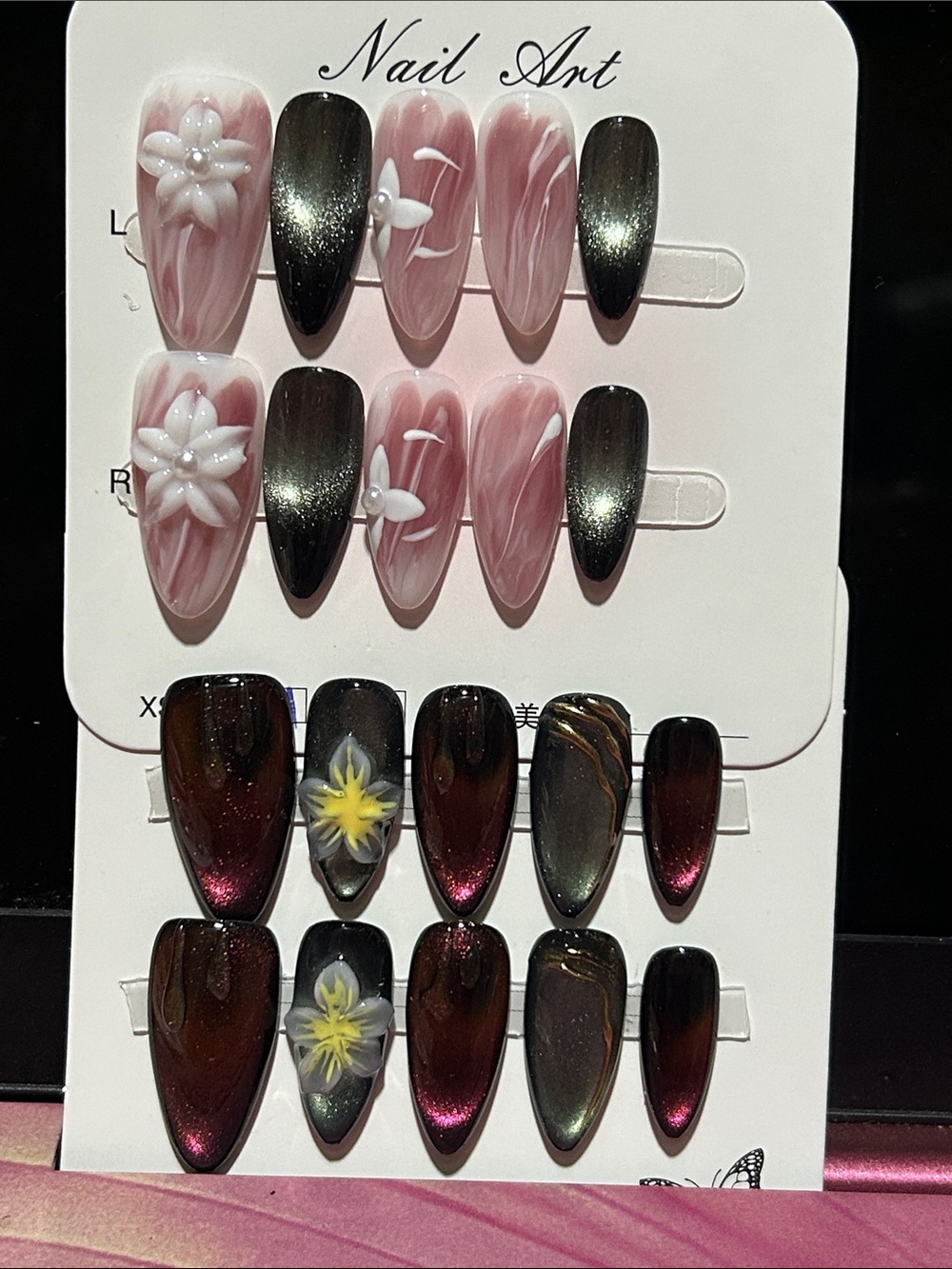 Handmade Stiletto Press-On Nails — Pink Marble & Iridescent Burgundy Sets